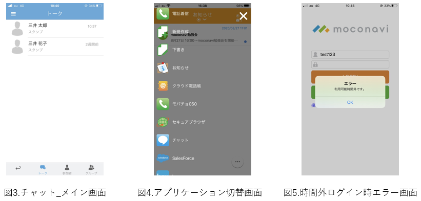 図3.チャット_メイン画面 図4.アプリケーション切替画面 図5.時間外ログイン時エラー画面