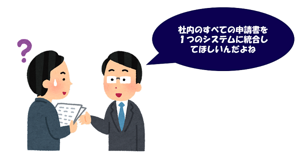 社内のすべての申請書を1つのシステムに東郷してほしいんだよね