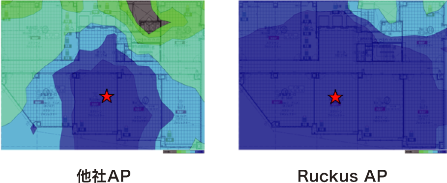 他社アクセスポイントとRuckus アクセスポイントとの通信可能範囲の比較