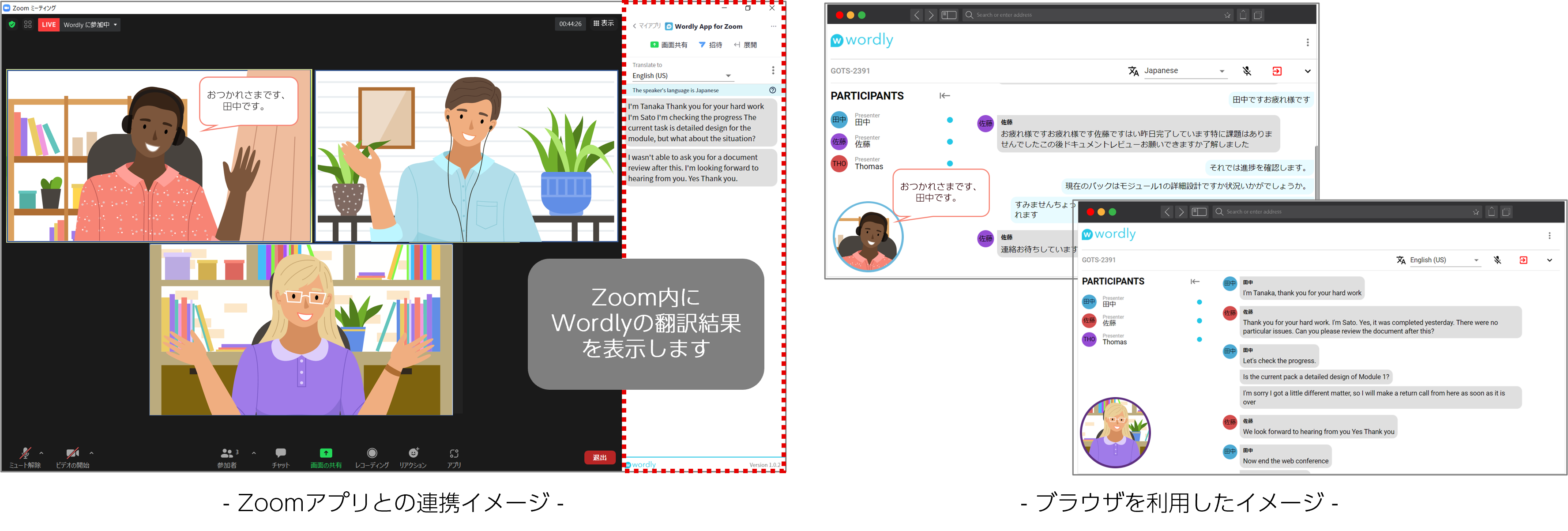 Zoomアプリとの連携イメージ　ブラウザを利用したイメージ